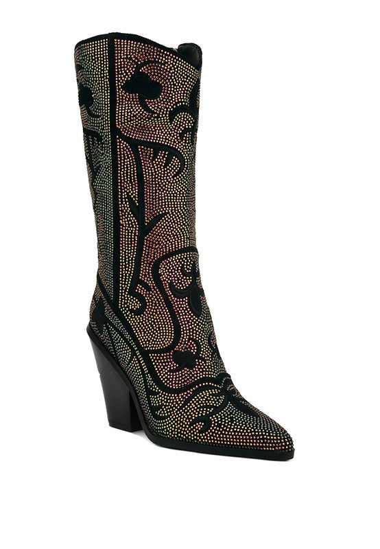 Glimmer Rhinestones Embellished Shimmer Calf Boots