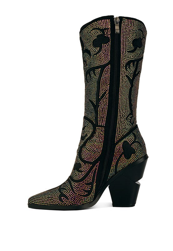 Glimmer Rhinestones Embellished Shimmer Calf Boots