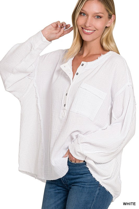 Double Gauze Oversized 3/4 Button Henley Neck Top