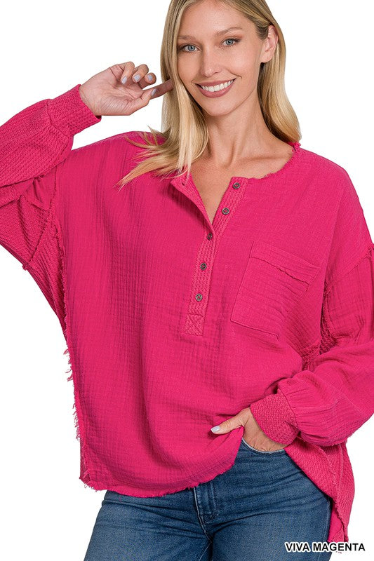 Double Gauze Oversized 3/4 Button Henley Neck Top