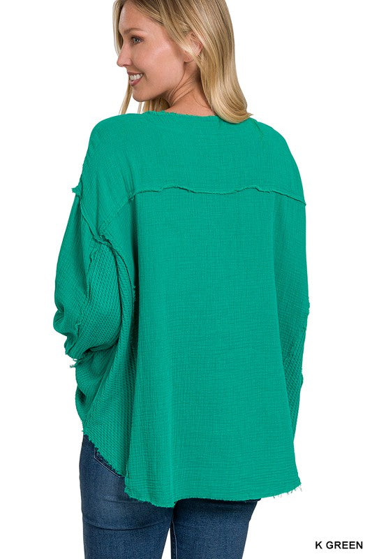 Double Gauze Oversized 3/4 Button Henley Neck Top