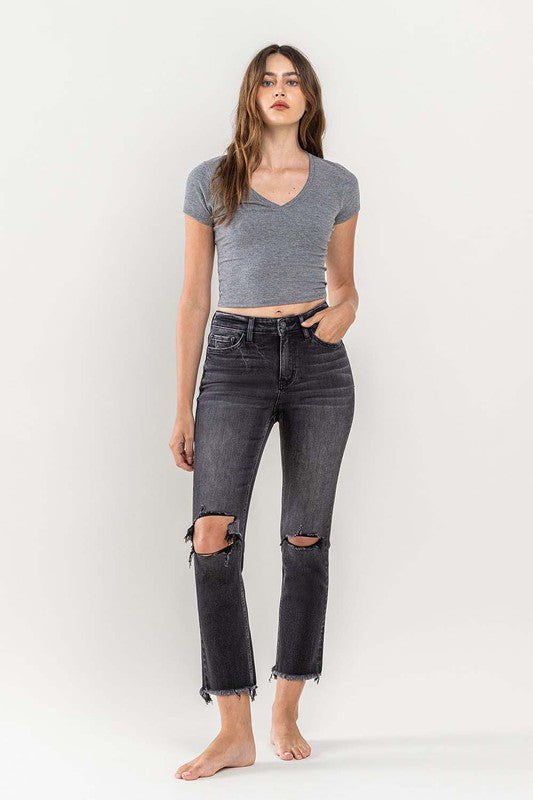 High Rise Stretch Distressed Crop Slim Straight