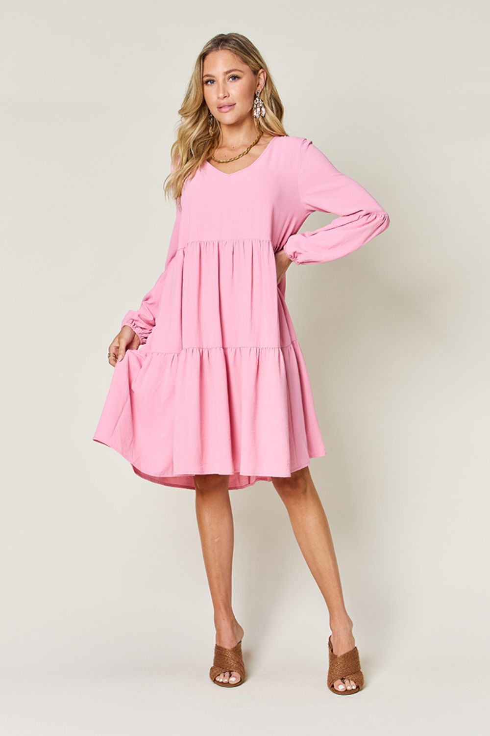 Double Take Full Size V-Neck Balloon Sleeve Tiered Dress