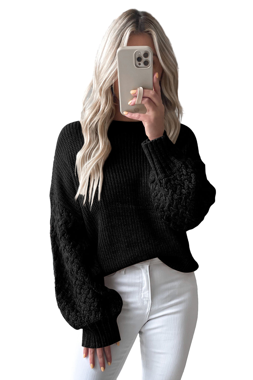 Light Grey Cable Knit Sleeve Drop Shoulder Sweater