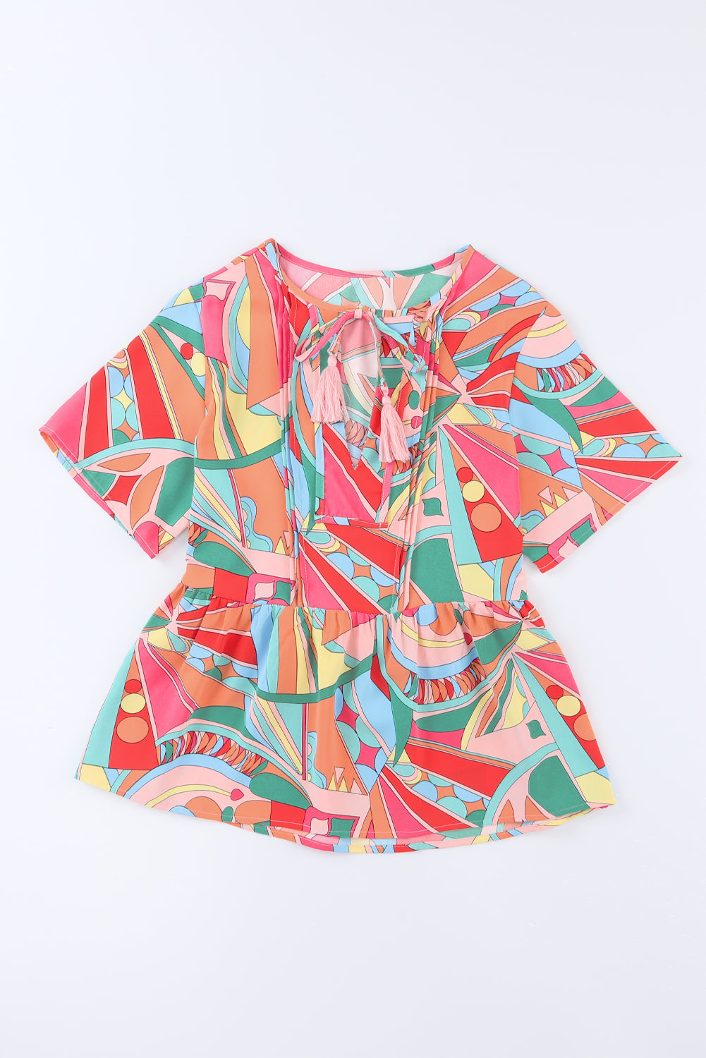 Multicolor Abstract Geometry Print Half Puff Sleeve Loose Shirt