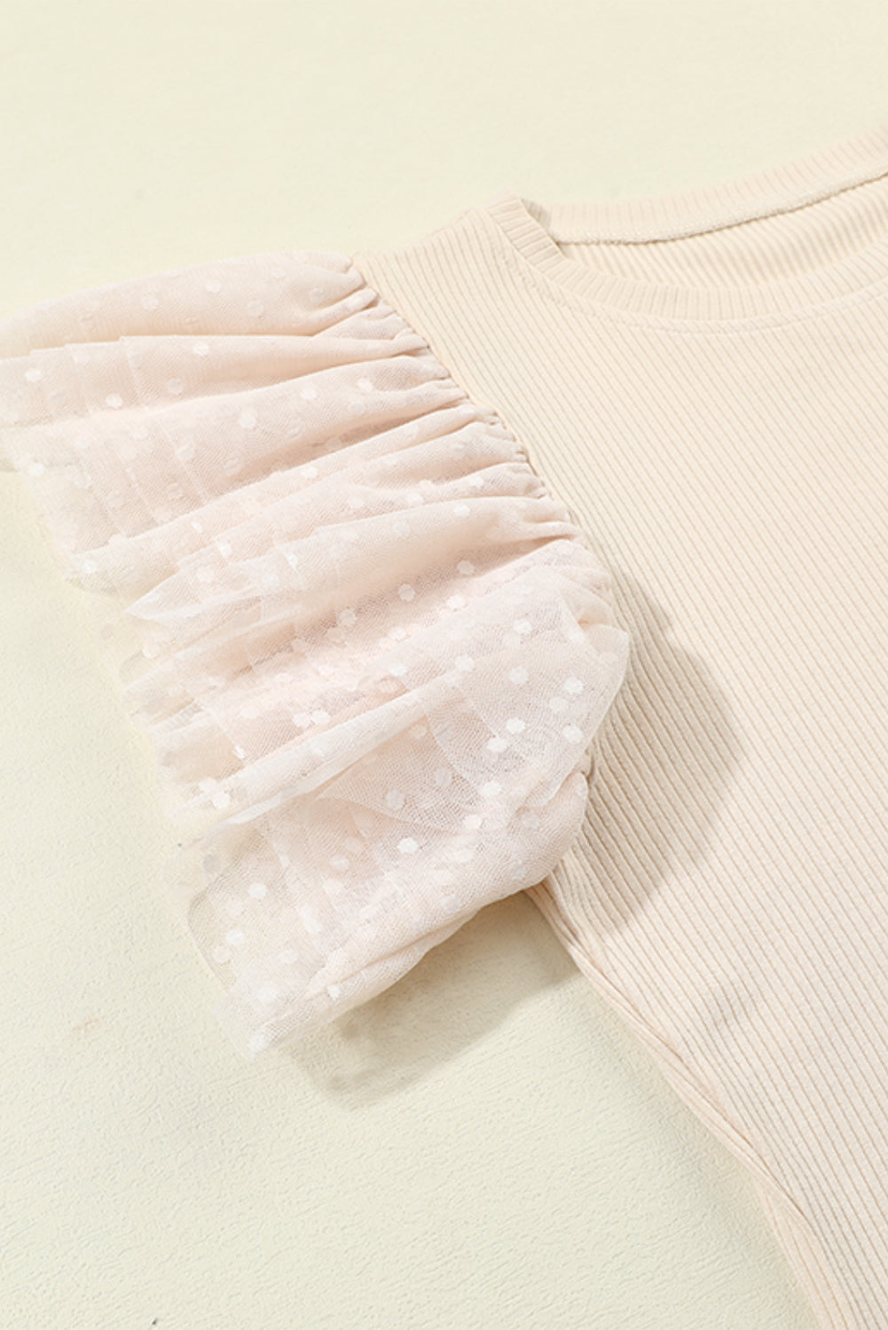 Beige Dotty Mesh Ruffle Sleeve Ribbed Knit Top