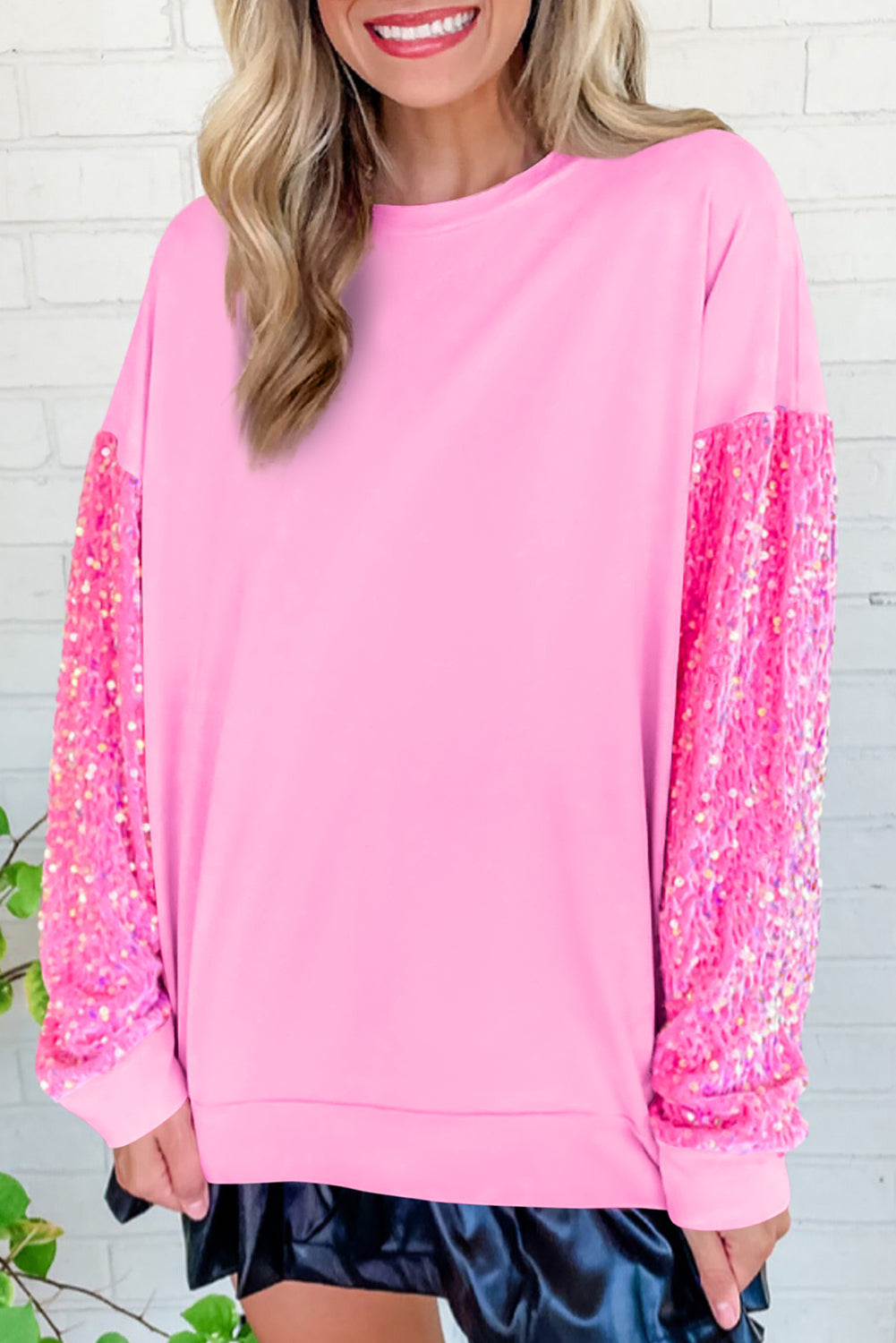 Pink Plus Size Sequin Sleeve Drop Shoulder Sweatshirt