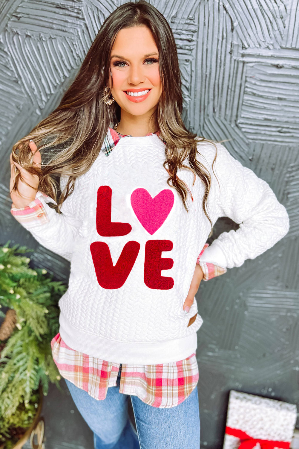 White LOVE Chenille Embroidered Cable Knit Pullover Sweatshirt