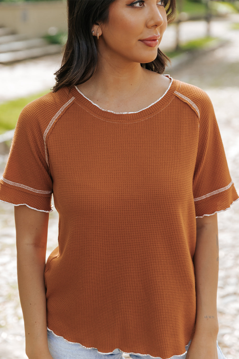 Brown Textured Round Neck Long Sleeve Top