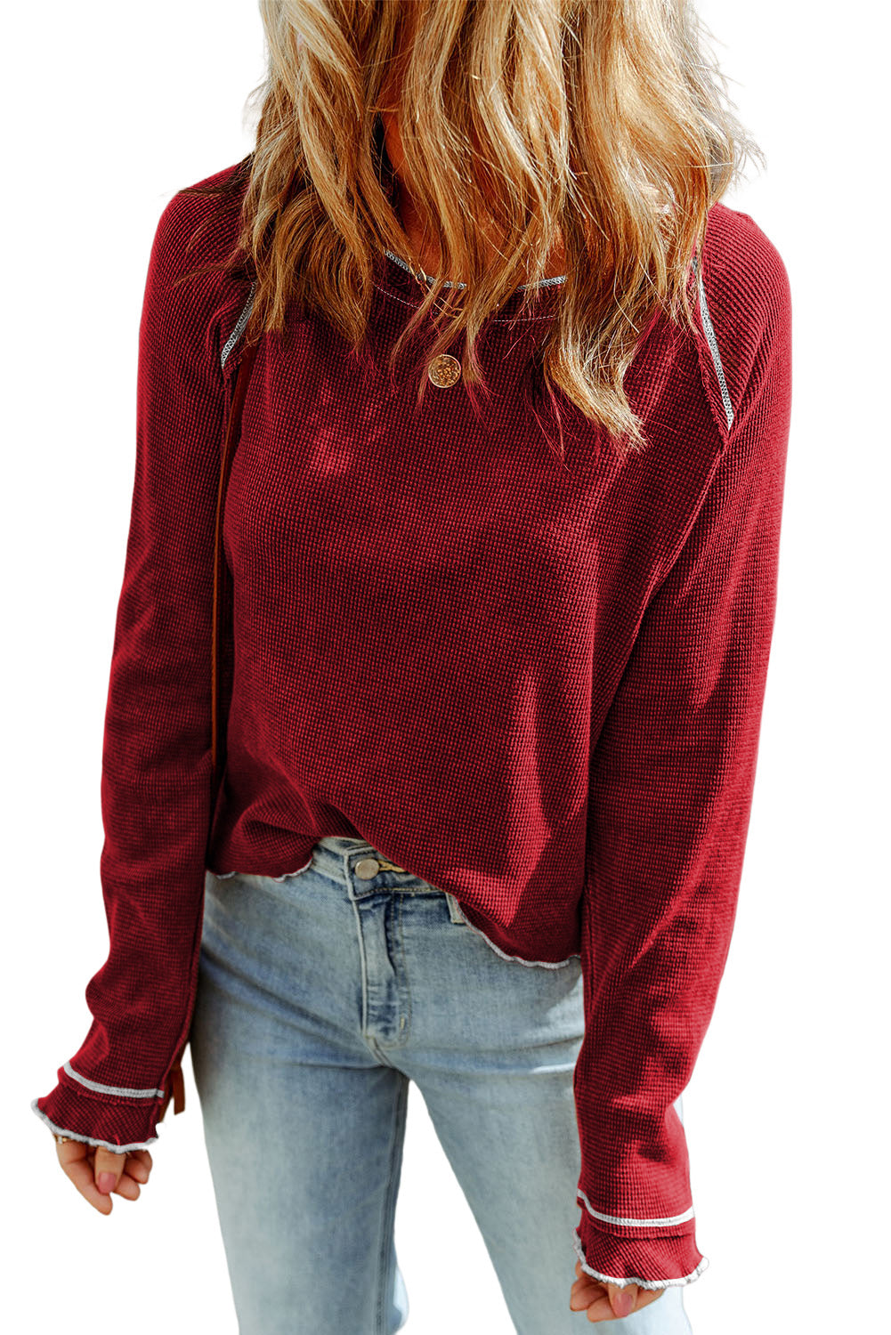 Brown Textured Round Neck Long Sleeve Top