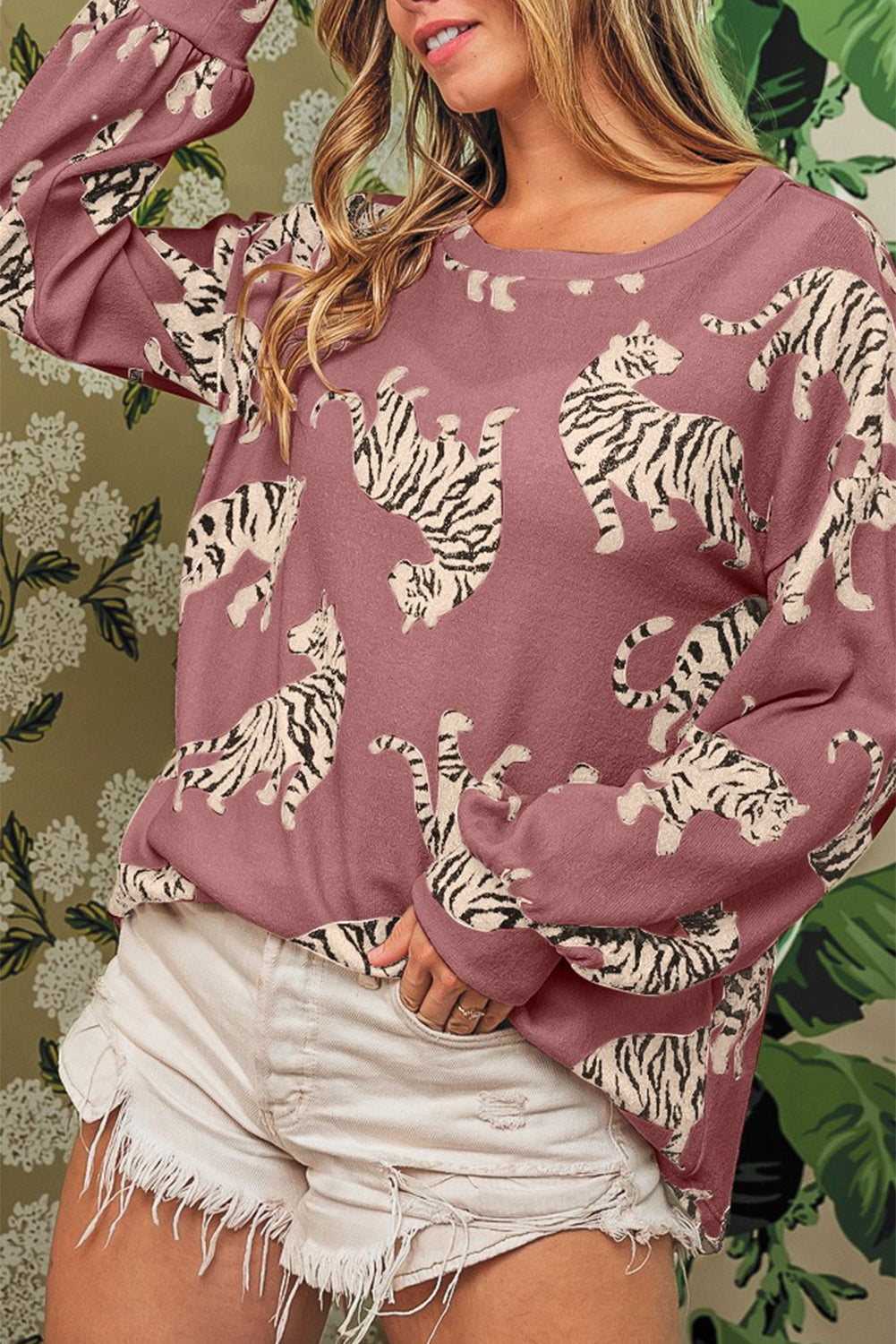 Simply Taupe Lively Tiger Print Casual Sweatshirt