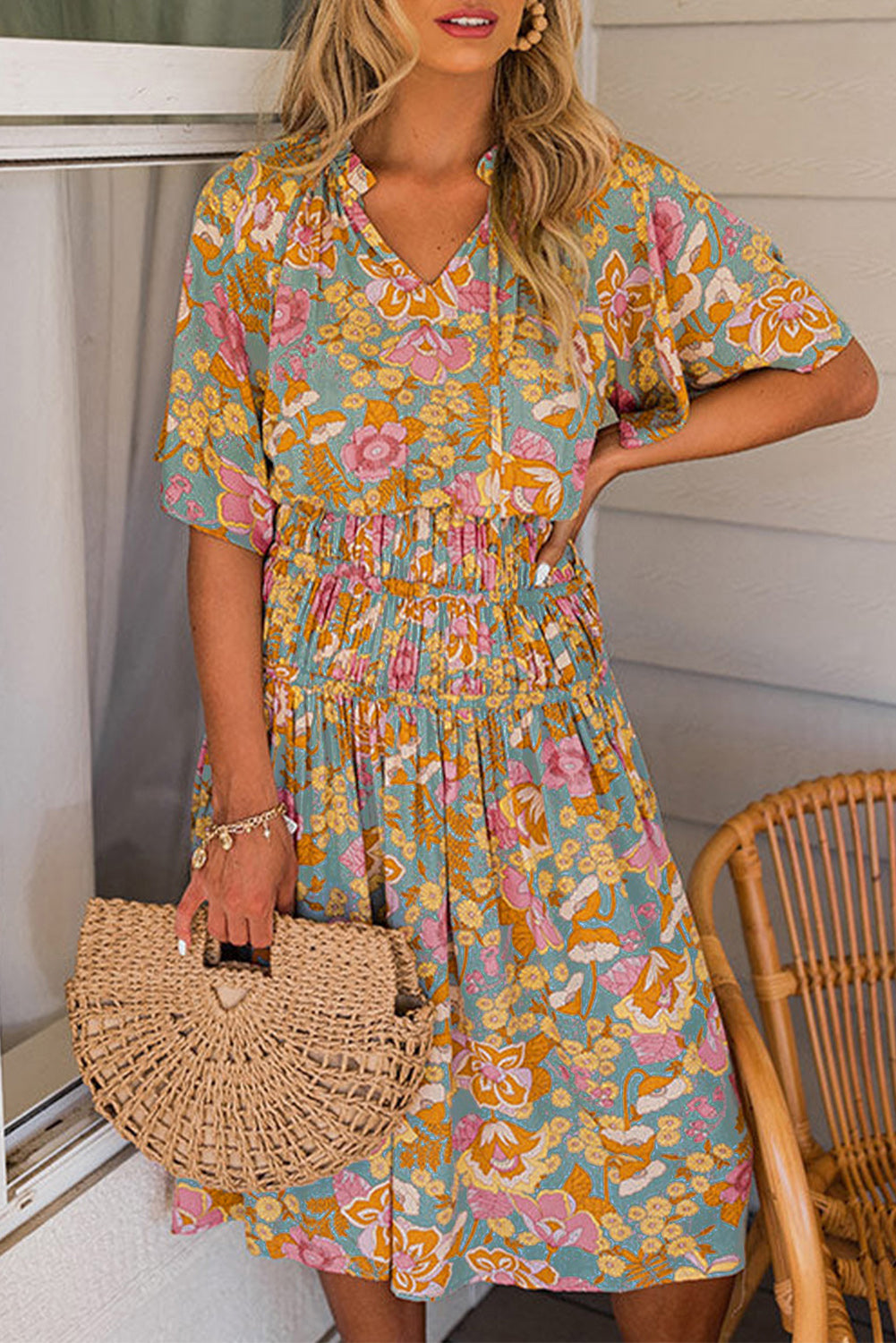 Sky Blue Floral Print Loose Fit Ruched V Neck Blouse