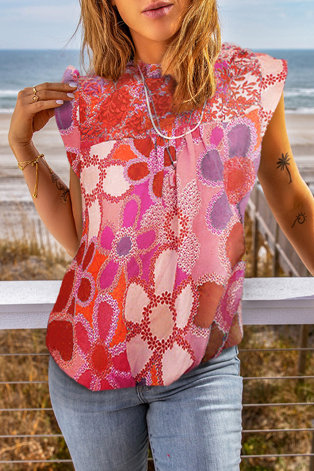 Pink Embroidered Detail Floral Print Ruffle Trim Tank Top