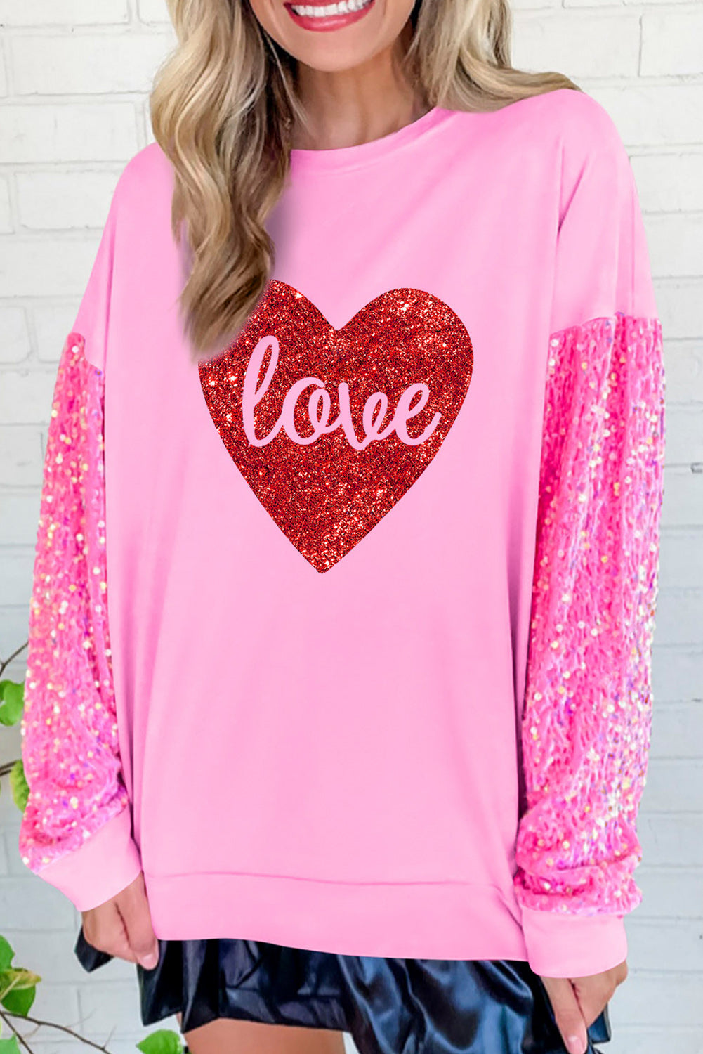 Pink Plus Size Sequin Sleeve Drop Shoulder Sweatshirt