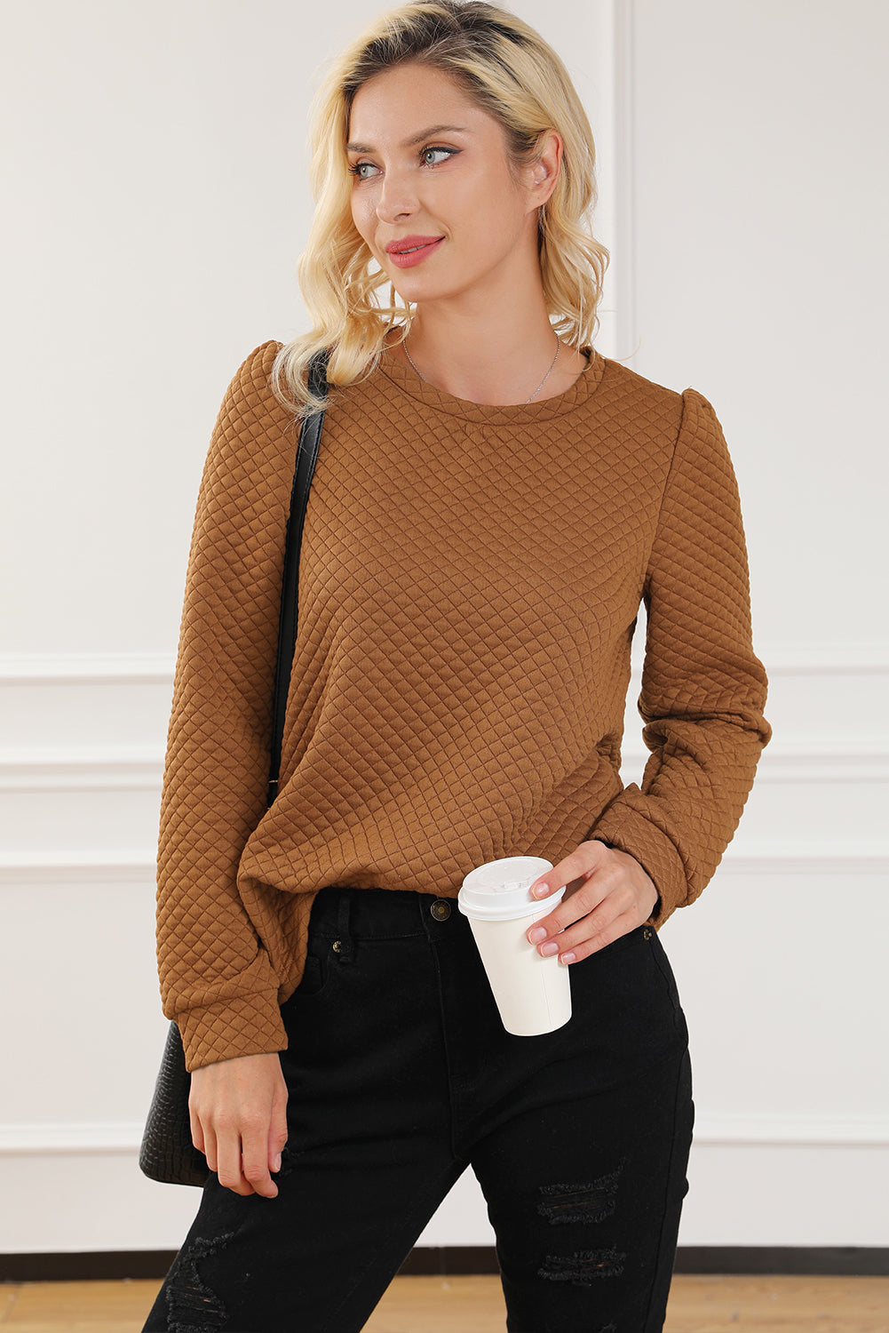 Rose Quilted Buttoned Neckline Stand Neck Pullover Sweatshirt