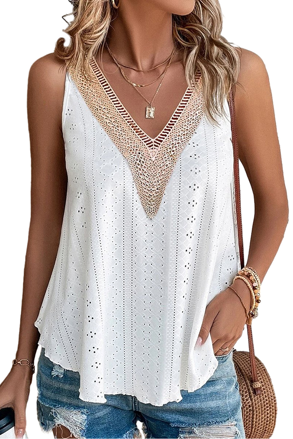 White Eyelet Strappy Scoop-Neck Tank Top