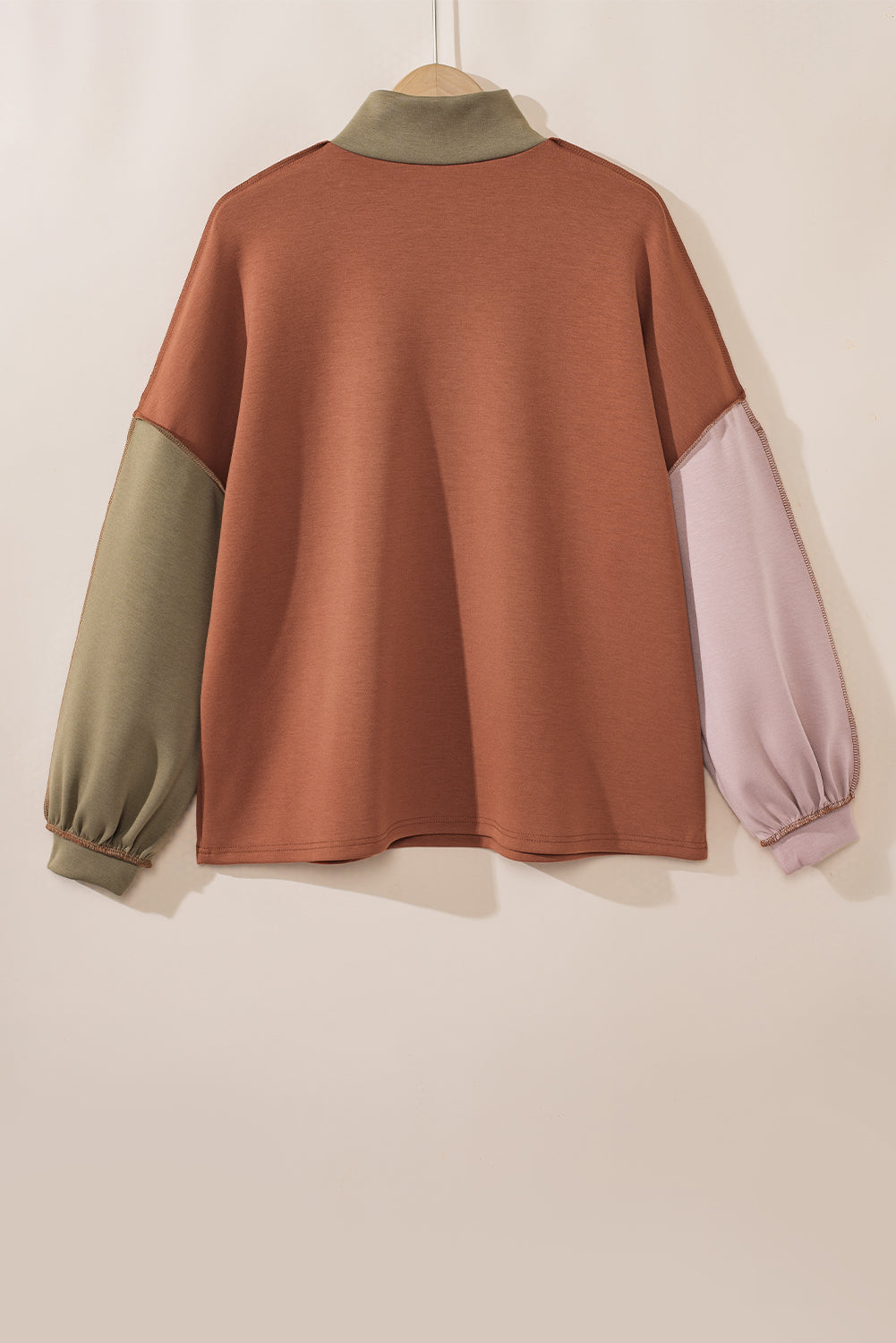 Khaki Exposed Seam Color Block Zipped Sweatshirt