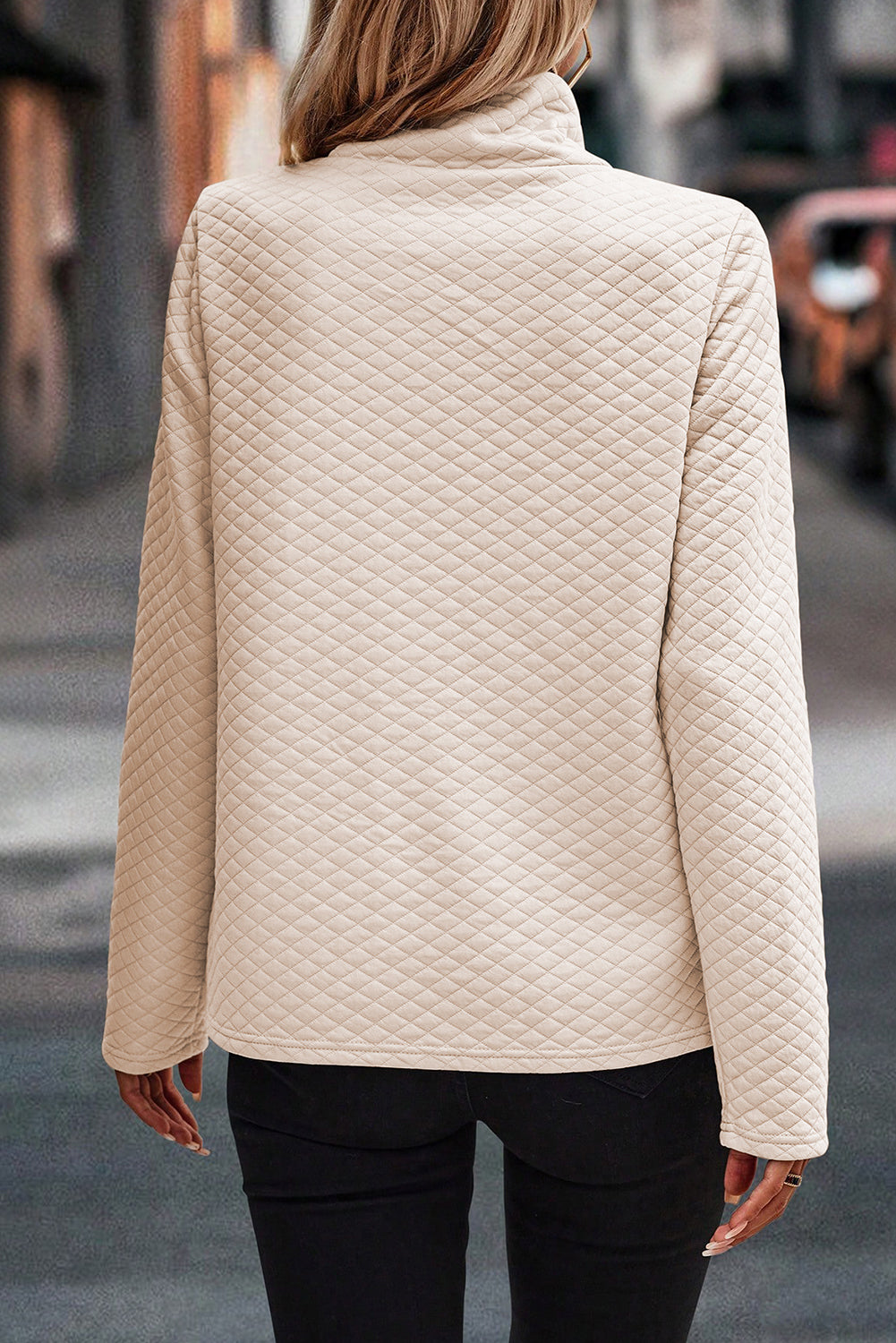 Rose Quilted Buttoned Neckline Stand Neck Pullover Sweatshirt