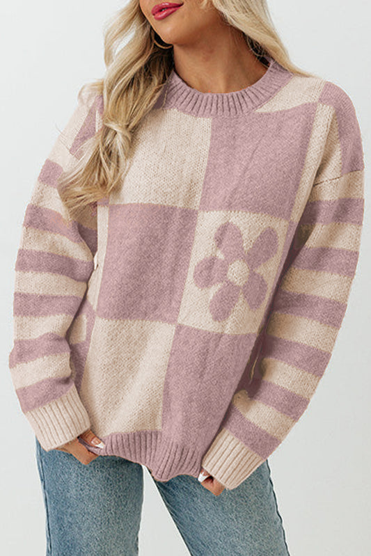 Orchid Petal Checkered Floral Print Striped Sleeve Sweater