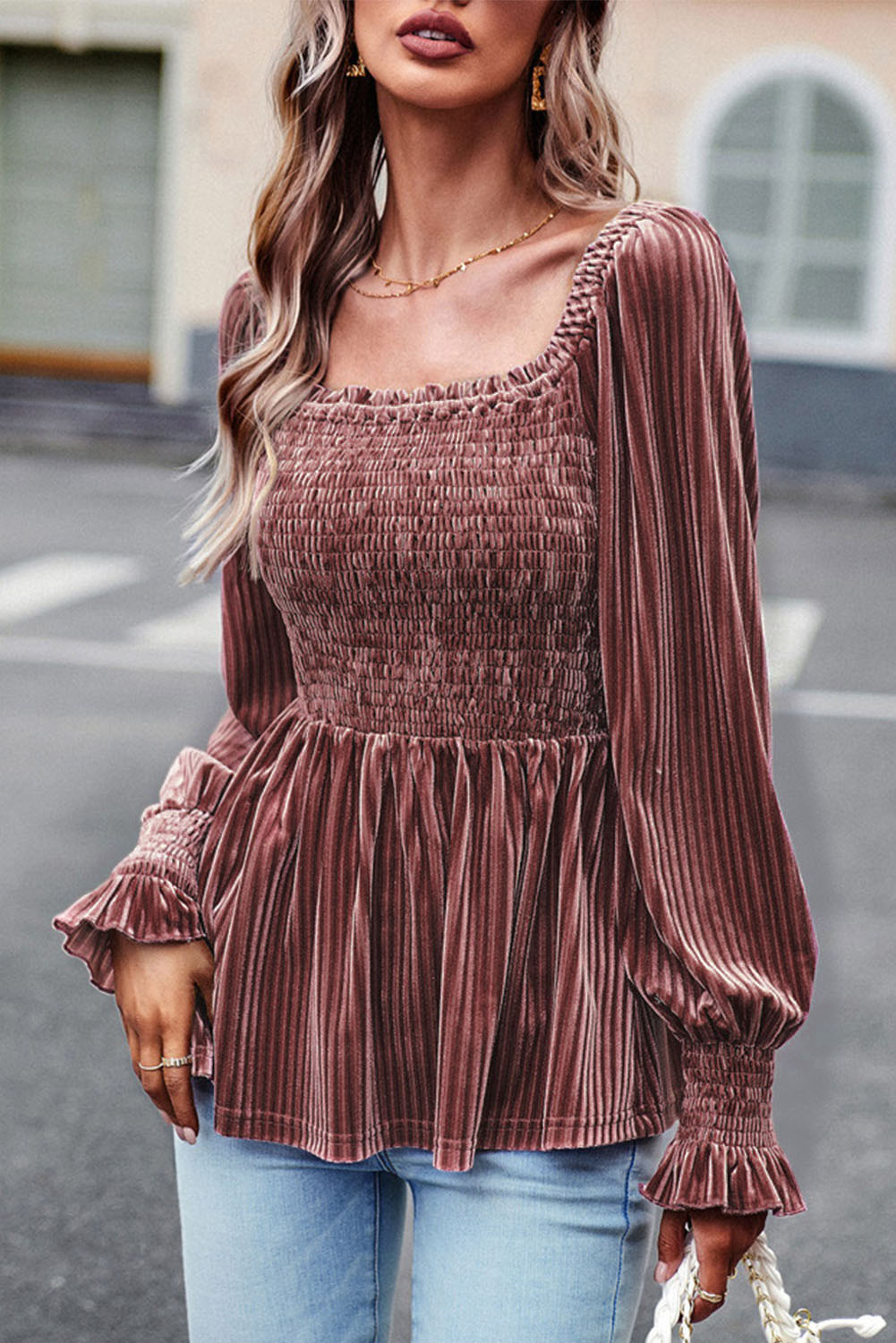 Pale Chestnut Long Sleeve Tiered Ribbed Velvet Dress