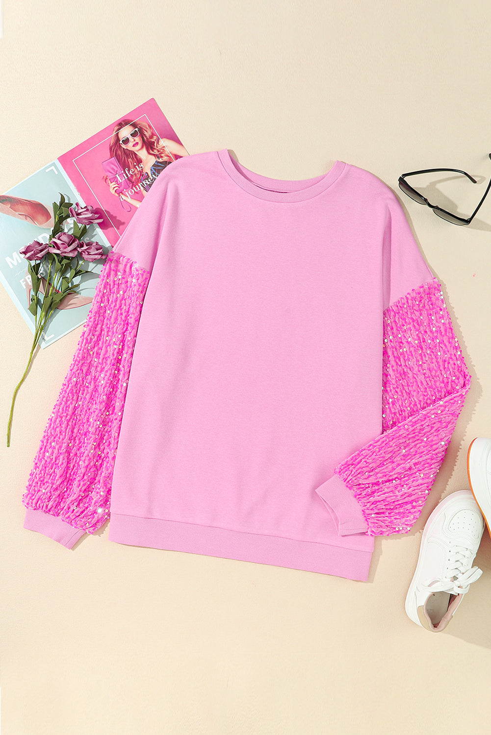 Pink Plus Size Sequin Sleeve Drop Shoulder Sweatshirt