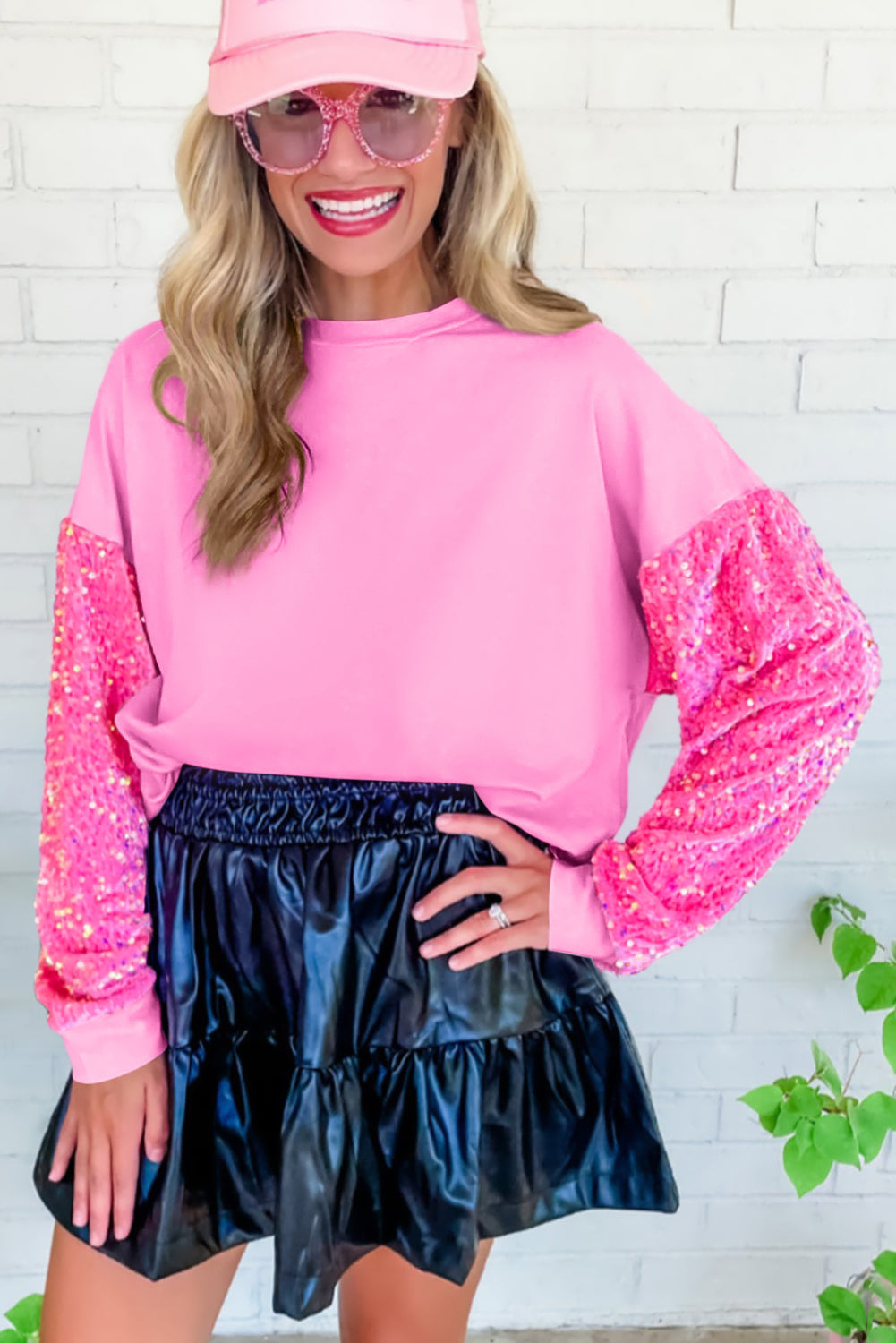 Pink Plus Size Sequin Sleeve Drop Shoulder Sweatshirt