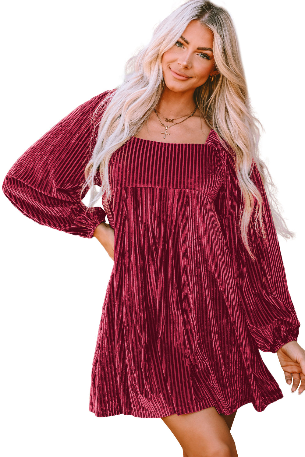 Pale Chestnut Long Sleeve Tiered Ribbed Velvet Dress