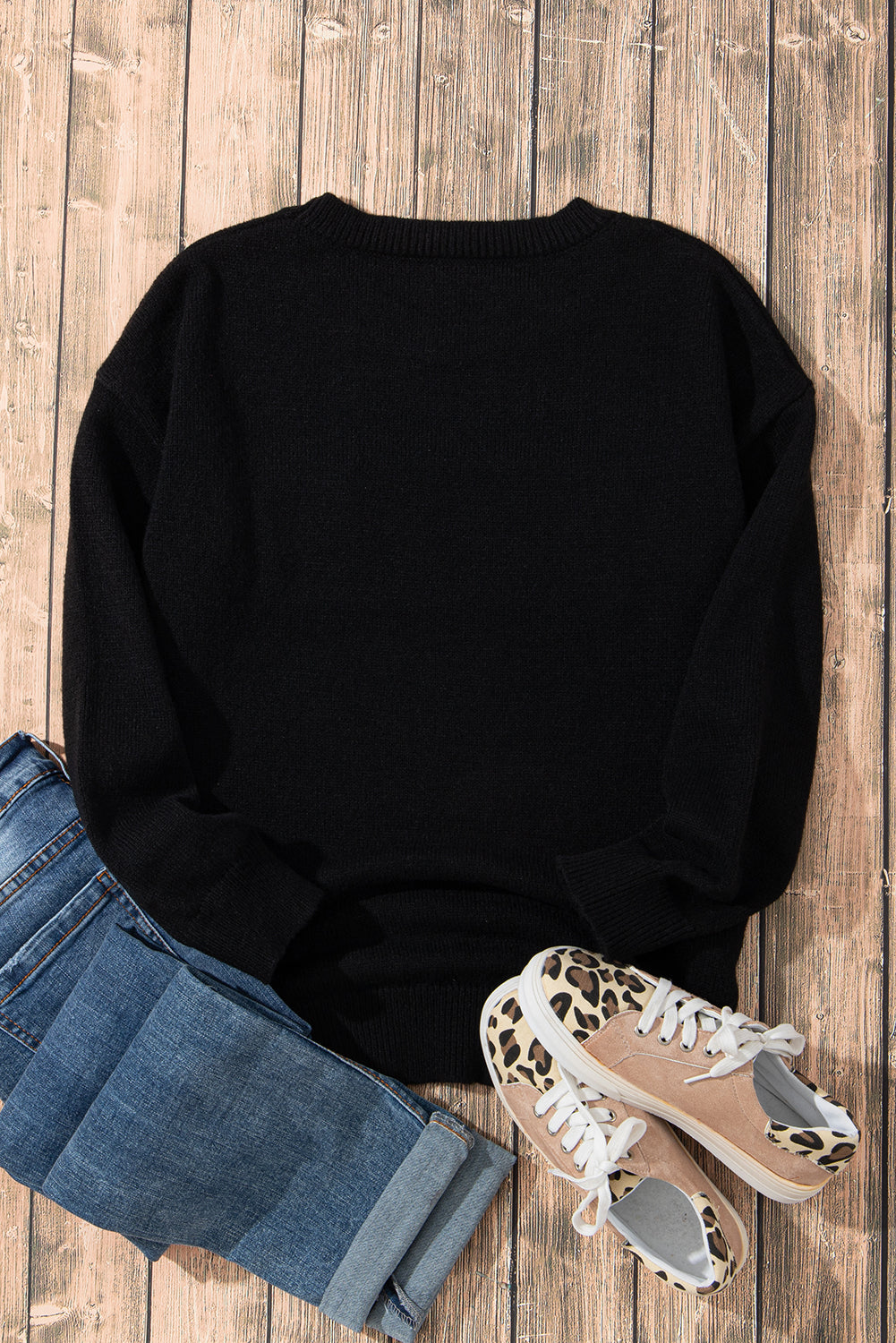 Black Holly Jolly Round Neck Casual Sweater