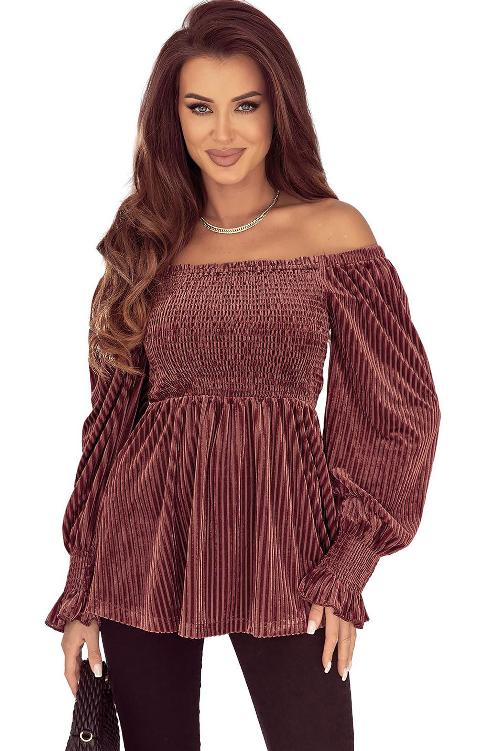 Pale Chestnut Long Sleeve Tiered Ribbed Velvet Dress