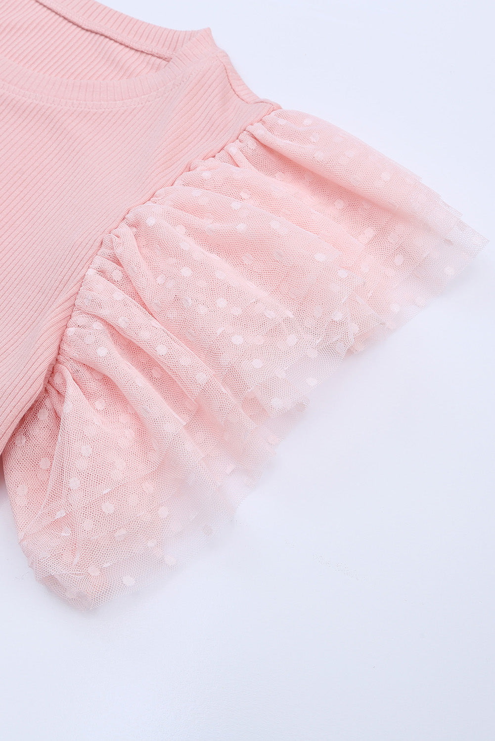 Beige Dotty Mesh Ruffle Sleeve Ribbed Knit Top