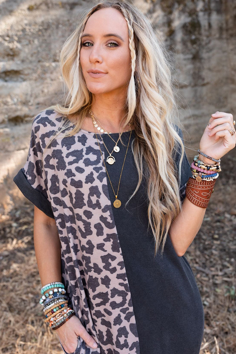 Black Half Leopard Patchwork Short Sleeves Top