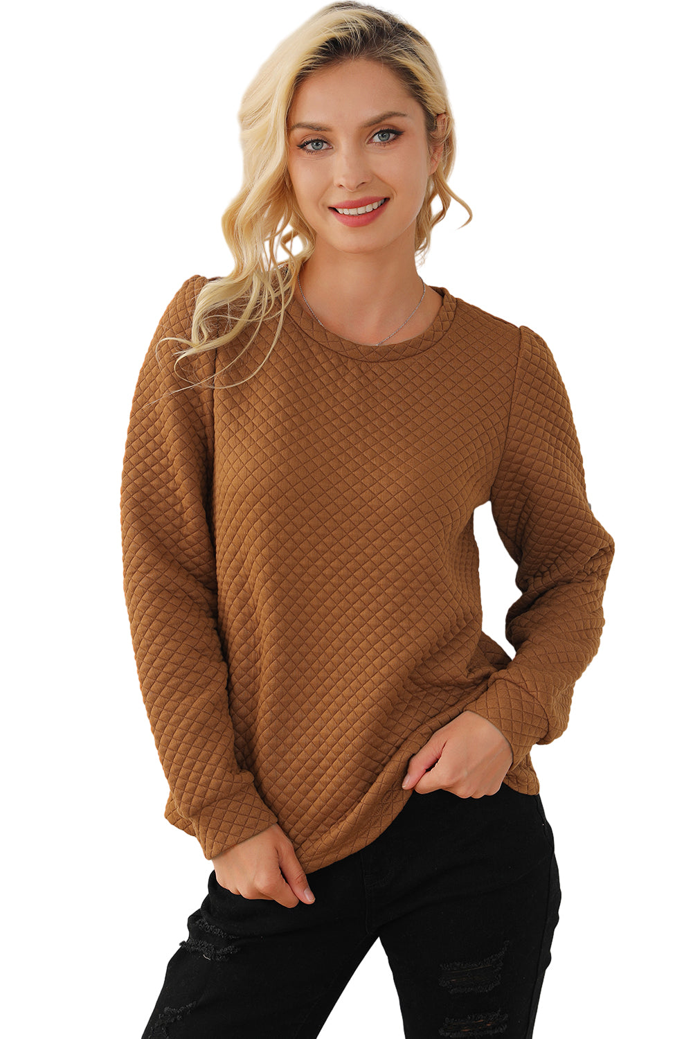 Rose Quilted Buttoned Neckline Stand Neck Pullover Sweatshirt