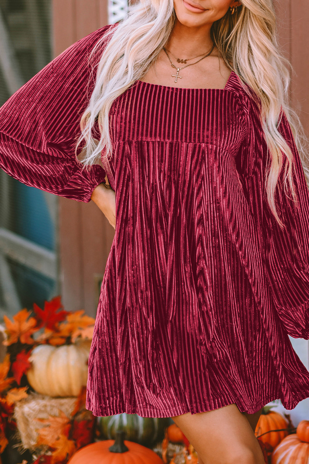 Pale Chestnut Long Sleeve Tiered Ribbed Velvet Dress