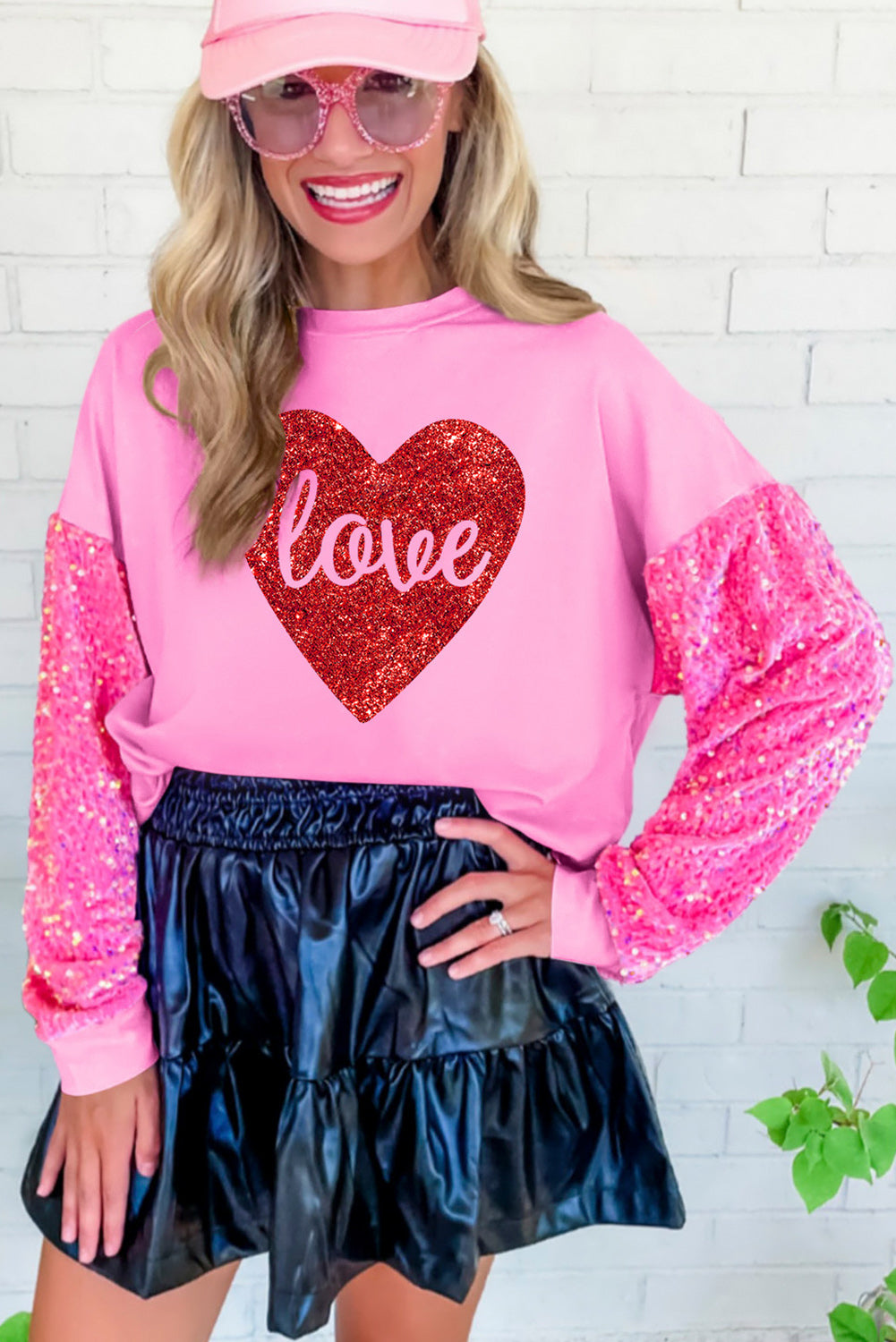 Pink Plus Size Sequin Sleeve Drop Shoulder Sweatshirt