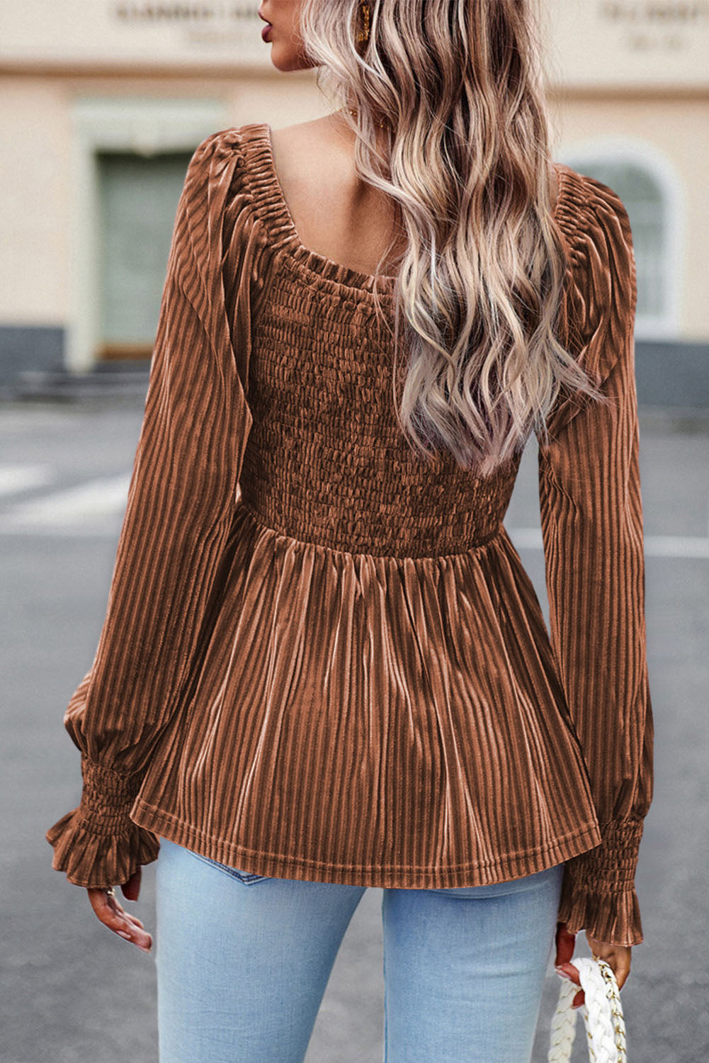 Pale Chestnut Long Sleeve Tiered Ribbed Velvet Dress