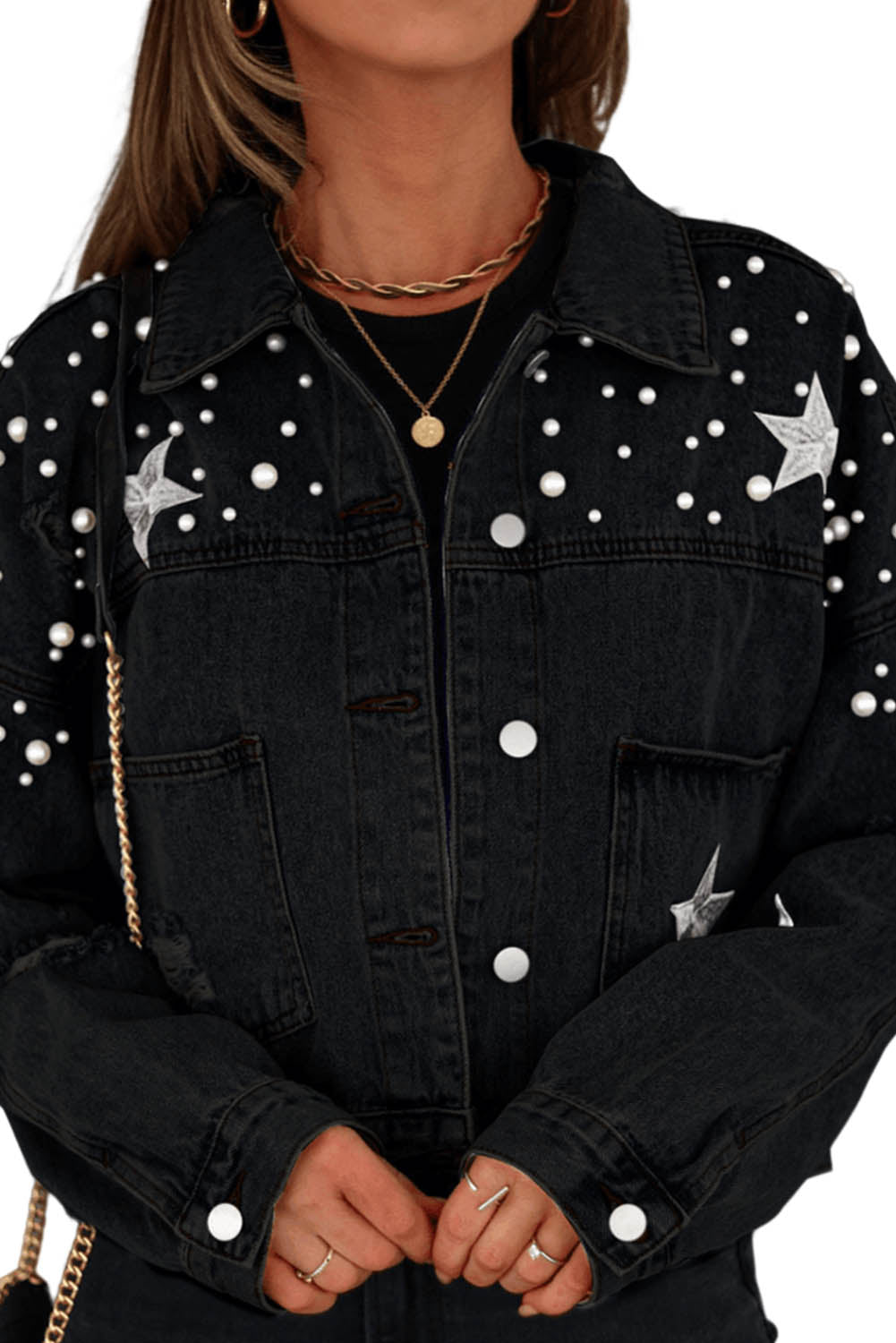 Sky Blue Distressed Pearls Star Cropped Denim Jacket