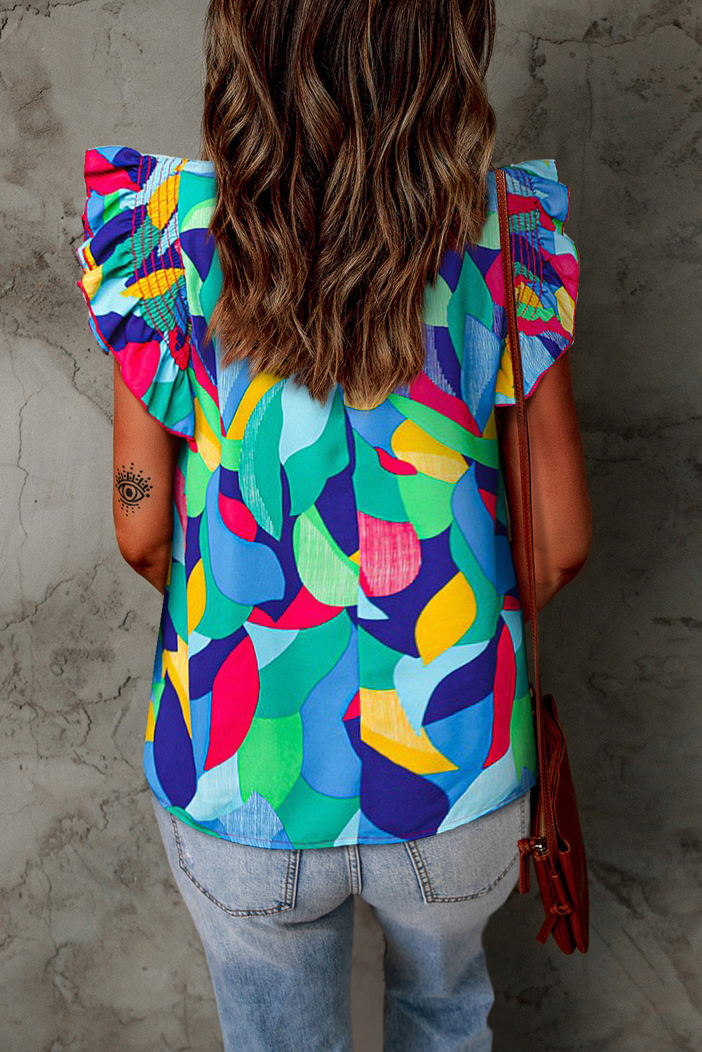 Multicolor Abstract Print Stitching Ruffle Sleeve Blouse