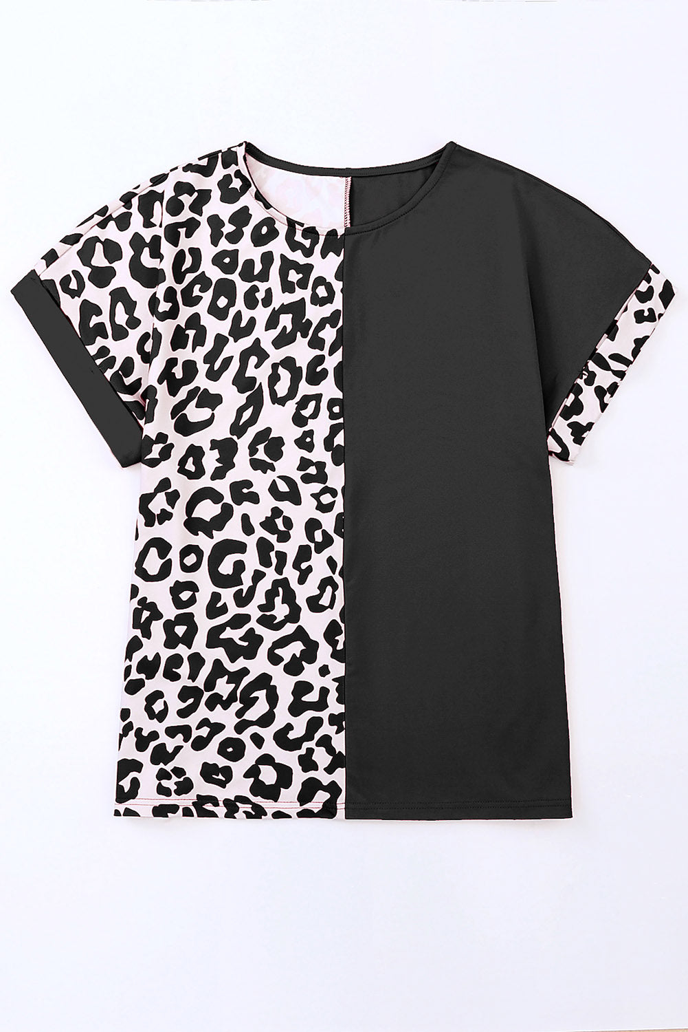 Black Half Leopard Patchwork Short Sleeves Top