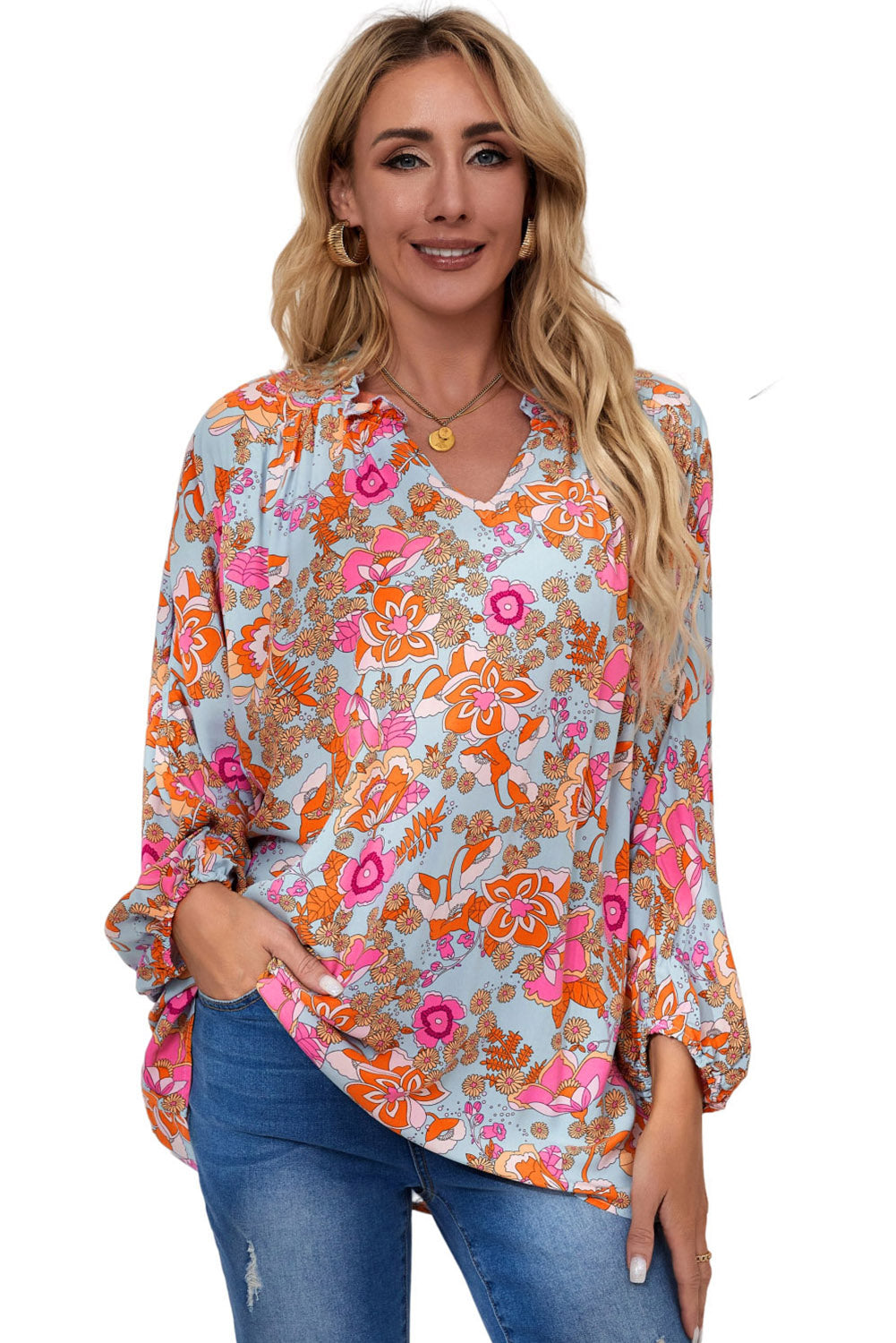 Sky Blue Floral Print Loose Fit Ruched V Neck Blouse