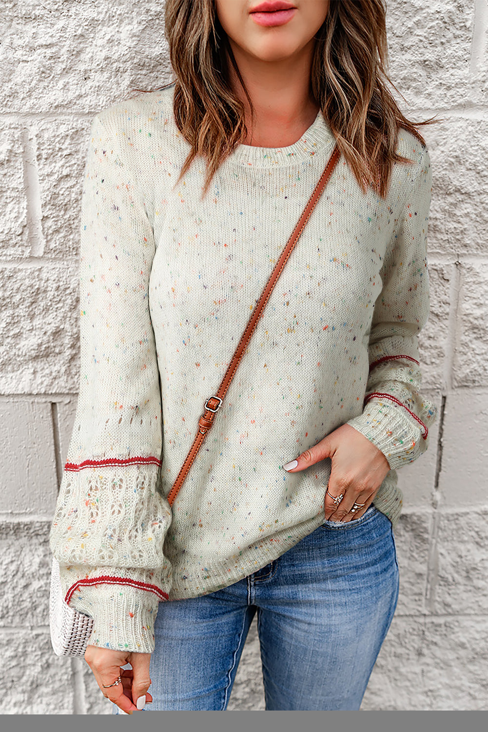 Dark Pink Colorful Spots Knitted V Neck Casual Sweater