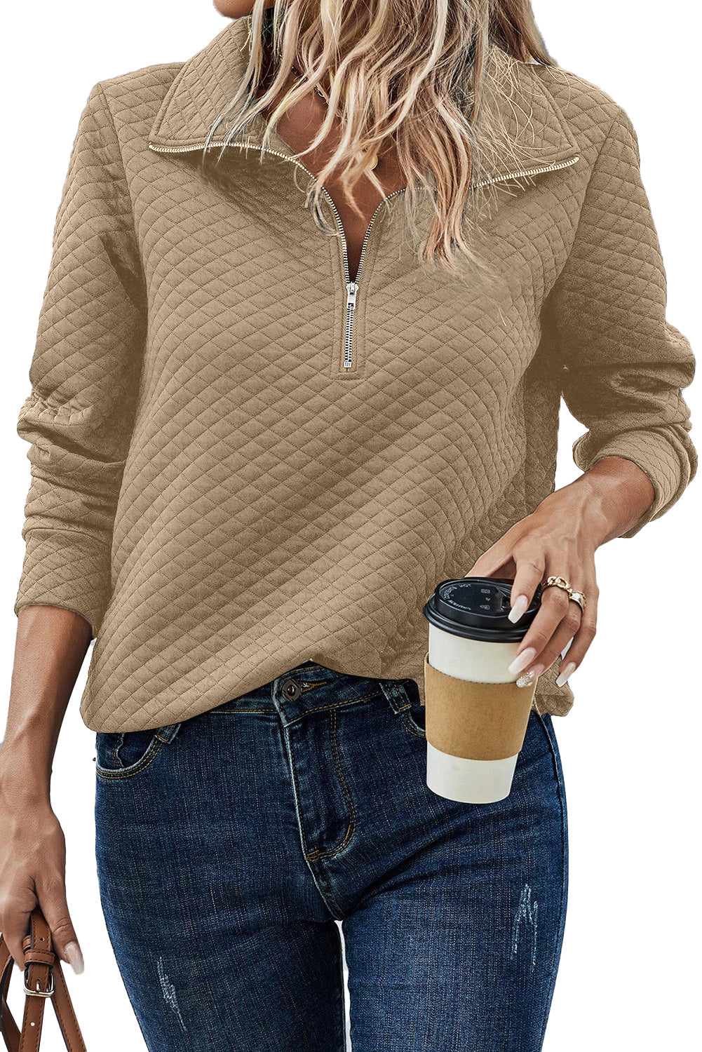 Rose Quilted Buttoned Neckline Stand Neck Pullover Sweatshirt