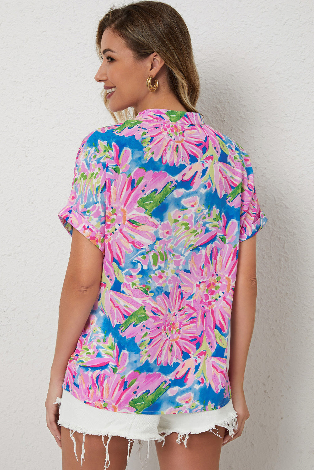 Pink Abstract Floral Print Notch V Neck Rolled Short Sleeve Blouse