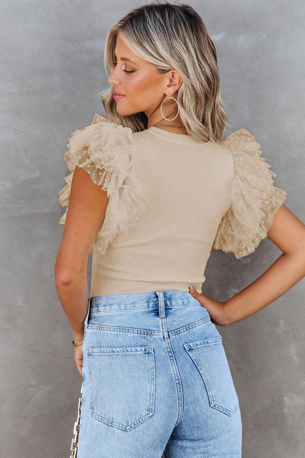 Beige Dotty Mesh Ruffle Sleeve Ribbed Knit Top