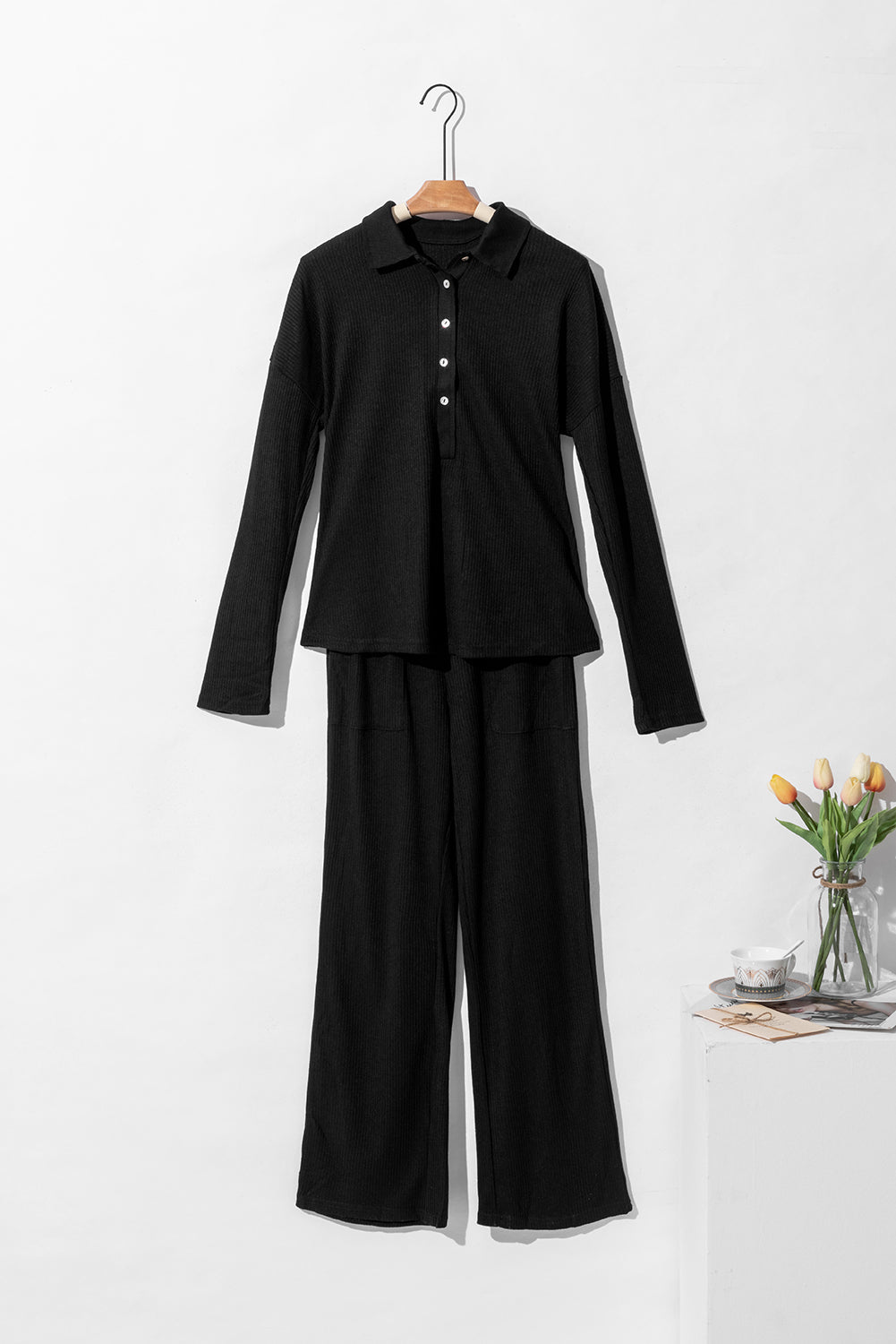 Black Ribbed Knit Collared Henley Top and Pants Lounge Outfit