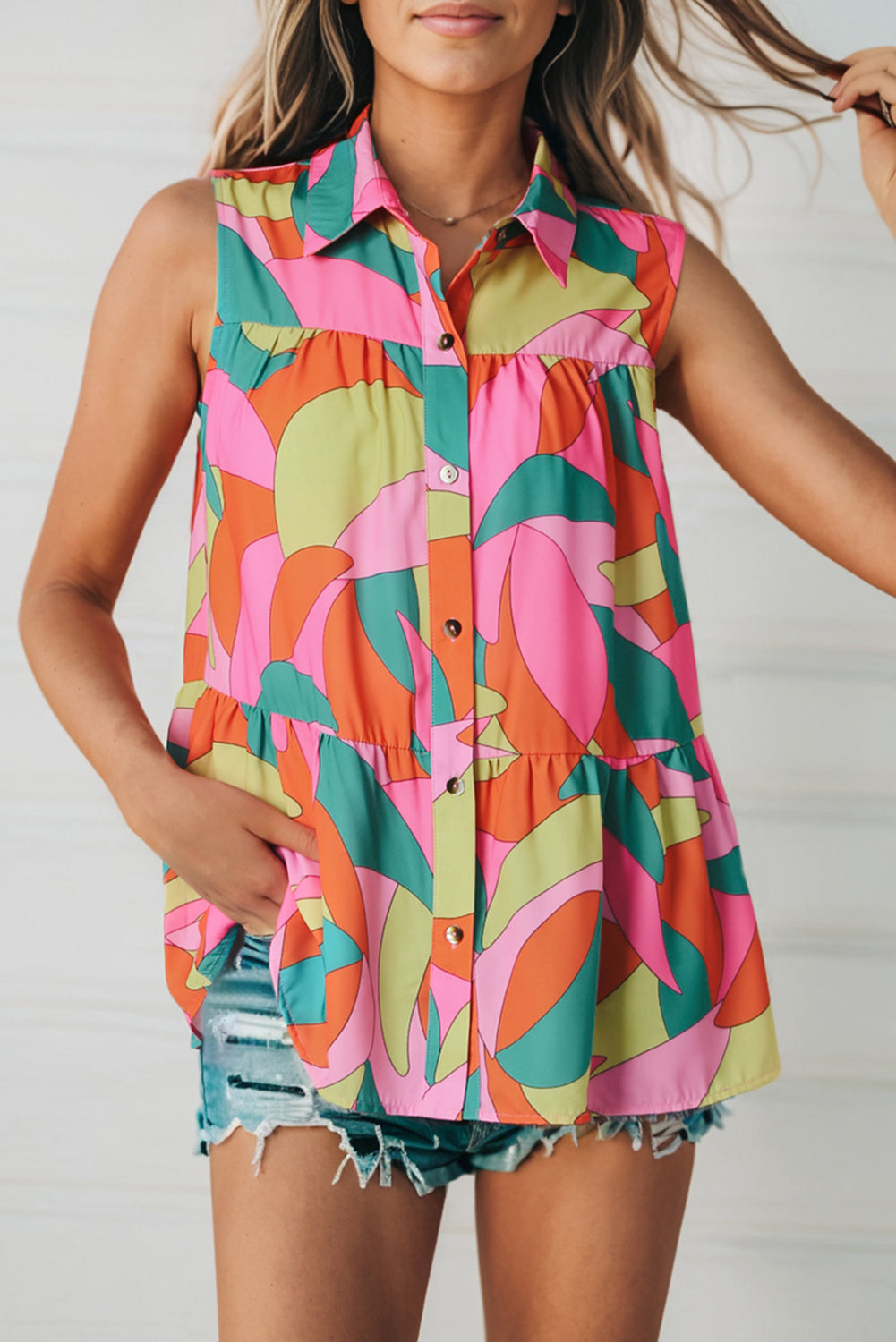 Multicolor Abstract Geometry Print Half Puff Sleeve Loose Shirt