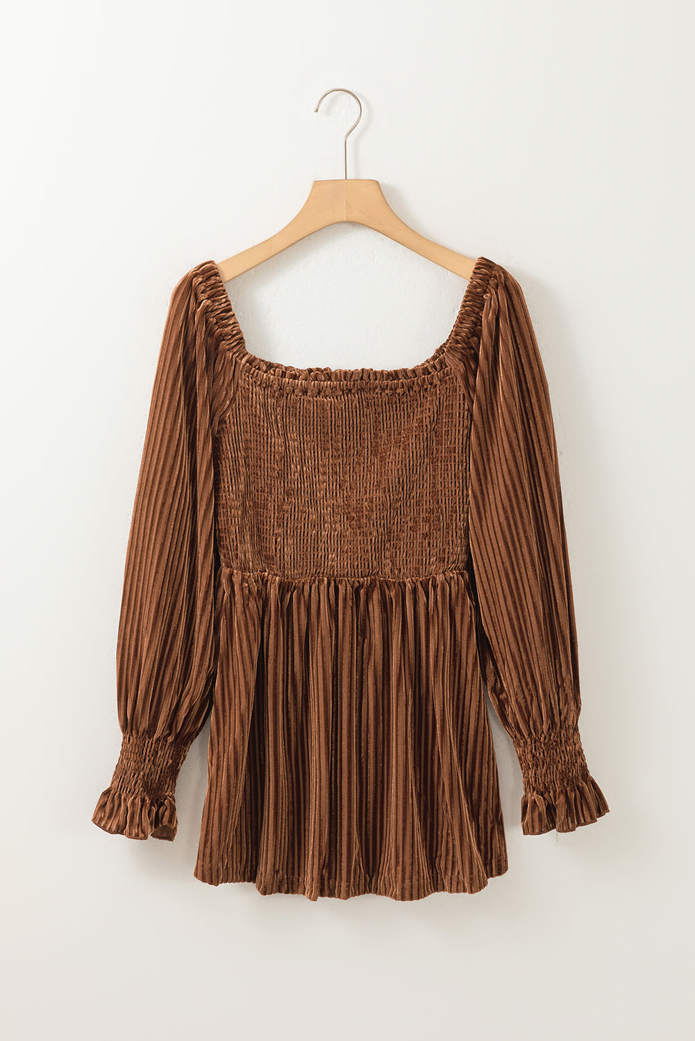 Pale Chestnut Long Sleeve Tiered Ribbed Velvet Dress