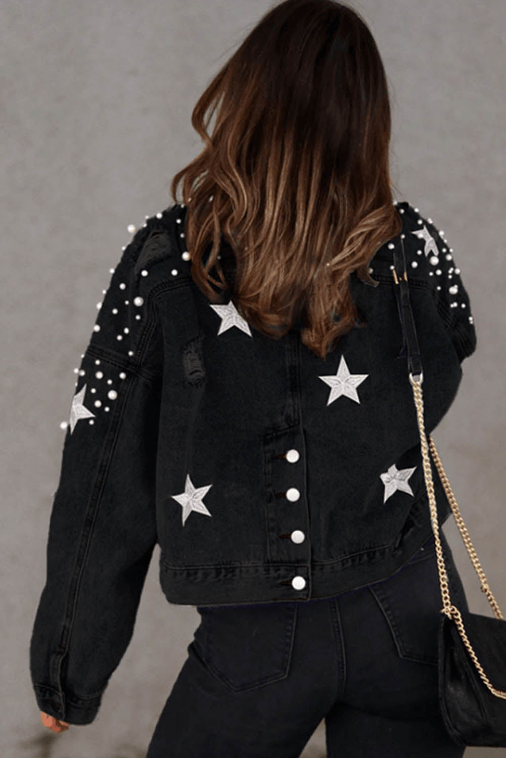 Sky Blue Distressed Pearls Star Cropped Denim Jacket