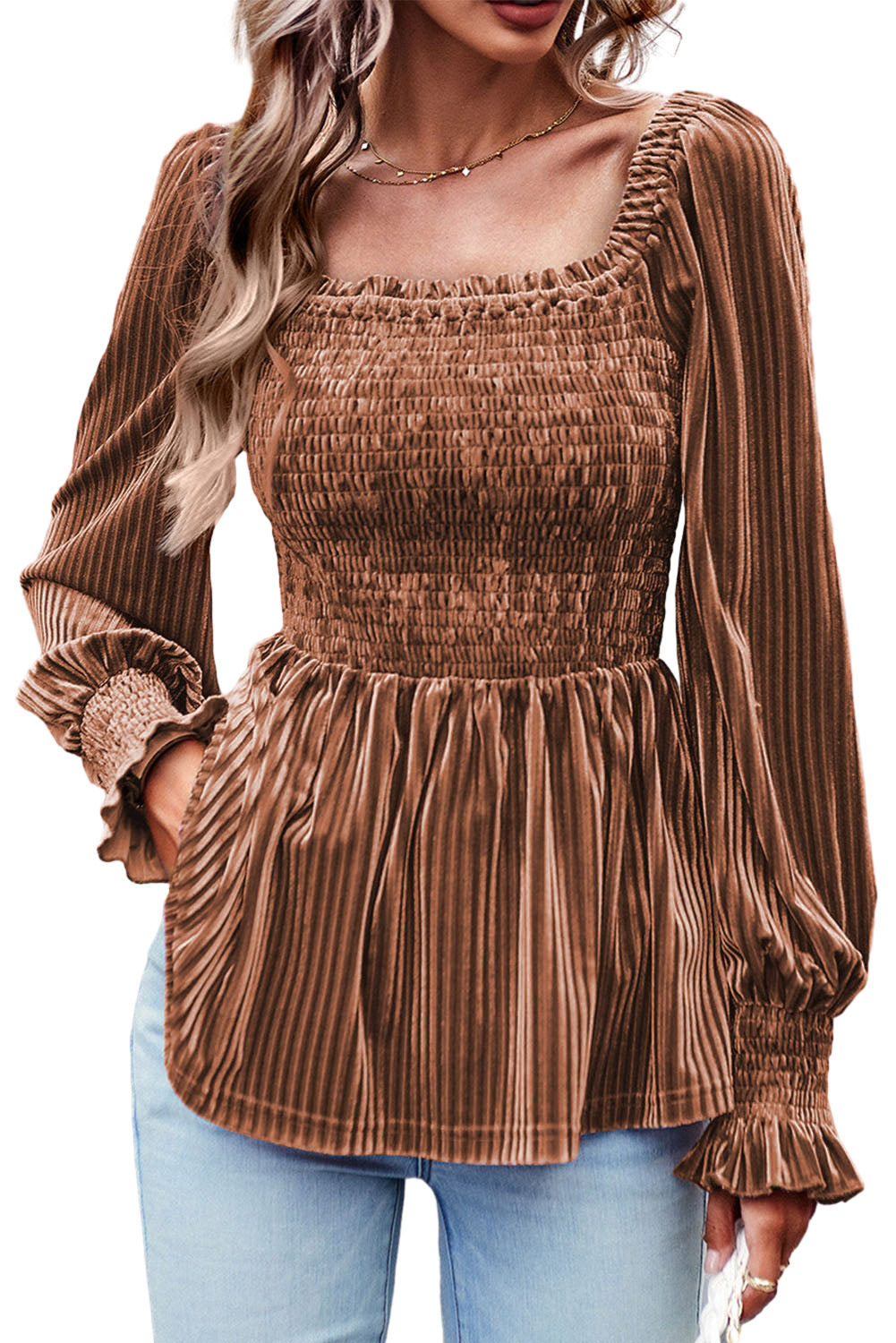 Pale Chestnut Long Sleeve Tiered Ribbed Velvet Dress