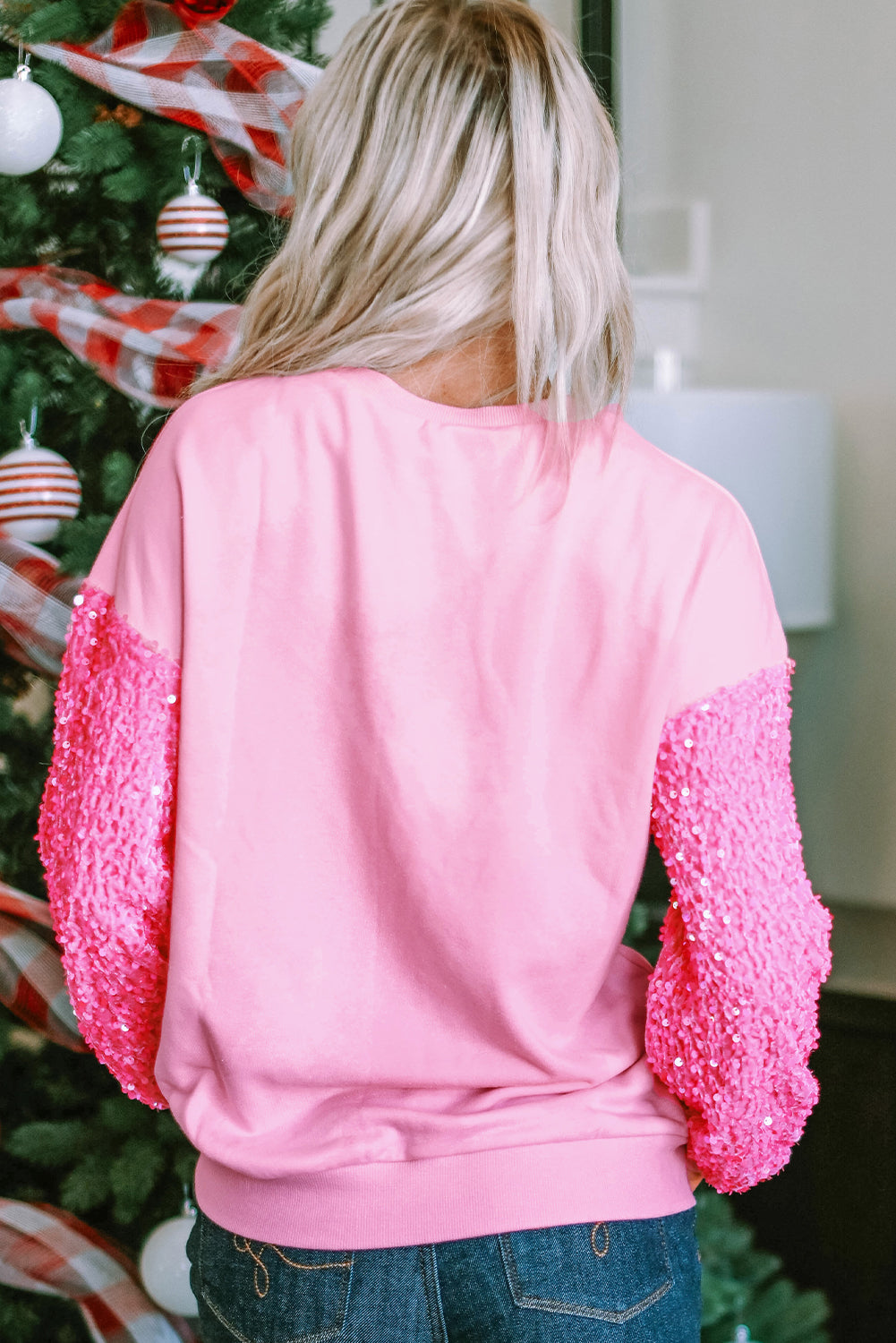 Pink Plus Size Sequin Sleeve Drop Shoulder Sweatshirt