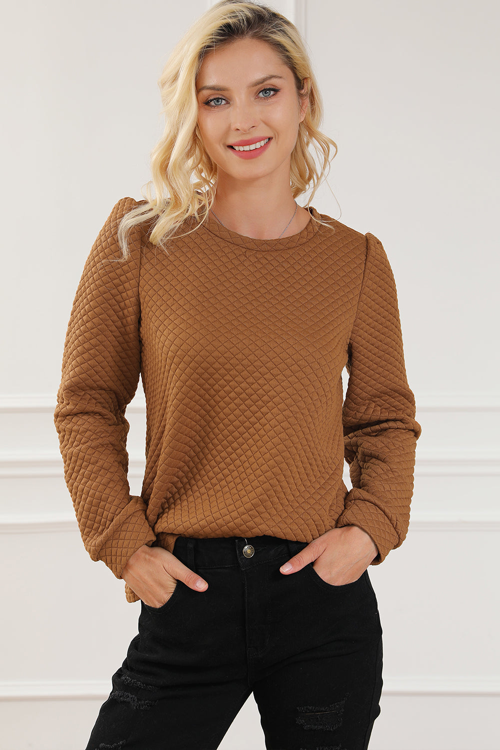 Rose Quilted Buttoned Neckline Stand Neck Pullover Sweatshirt